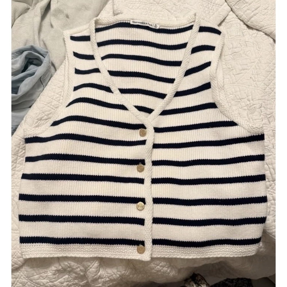 Abercrombie & Fitch Mara Gold Button Up Nautical Stripe Sweater Vest Crop Sz XL - Picture 3 of 4